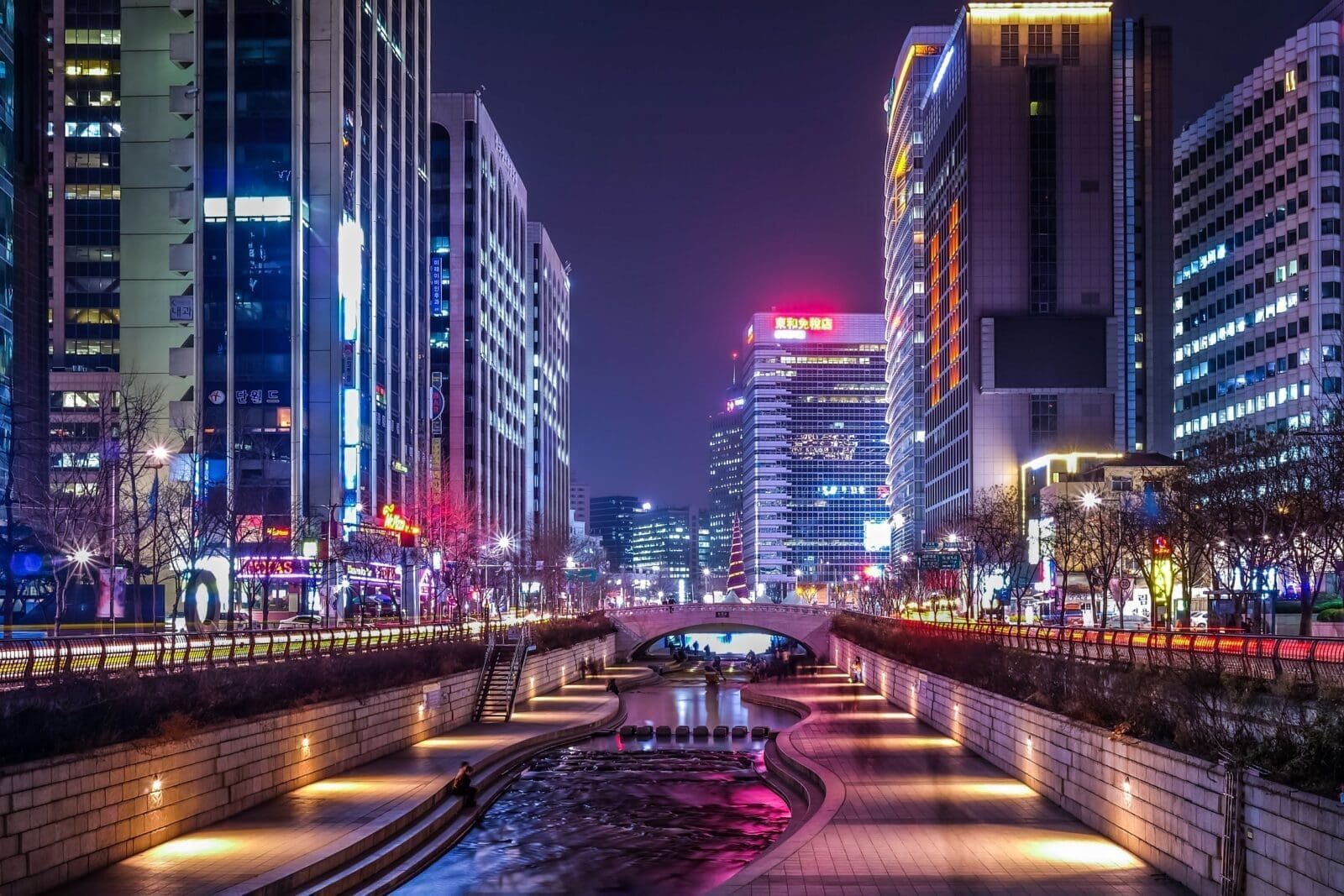 Cheonggyecheon stream and city lights at night, Seoul
