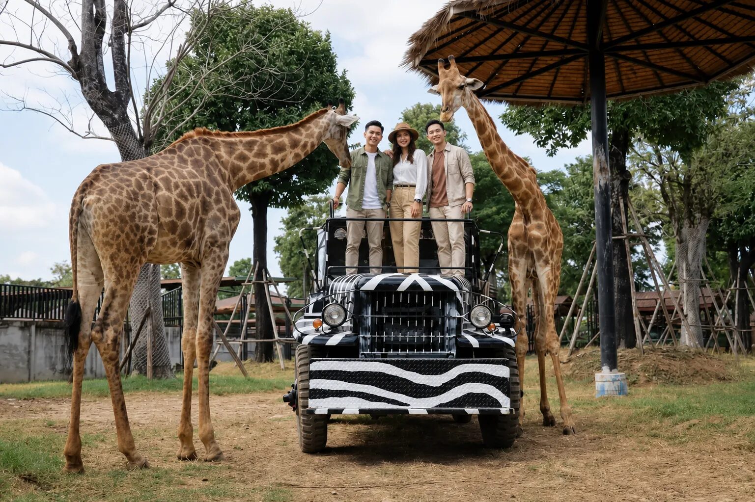 Giraffes gathered around a jeep at Sriayuthaya Lion Park (AI-generated image)