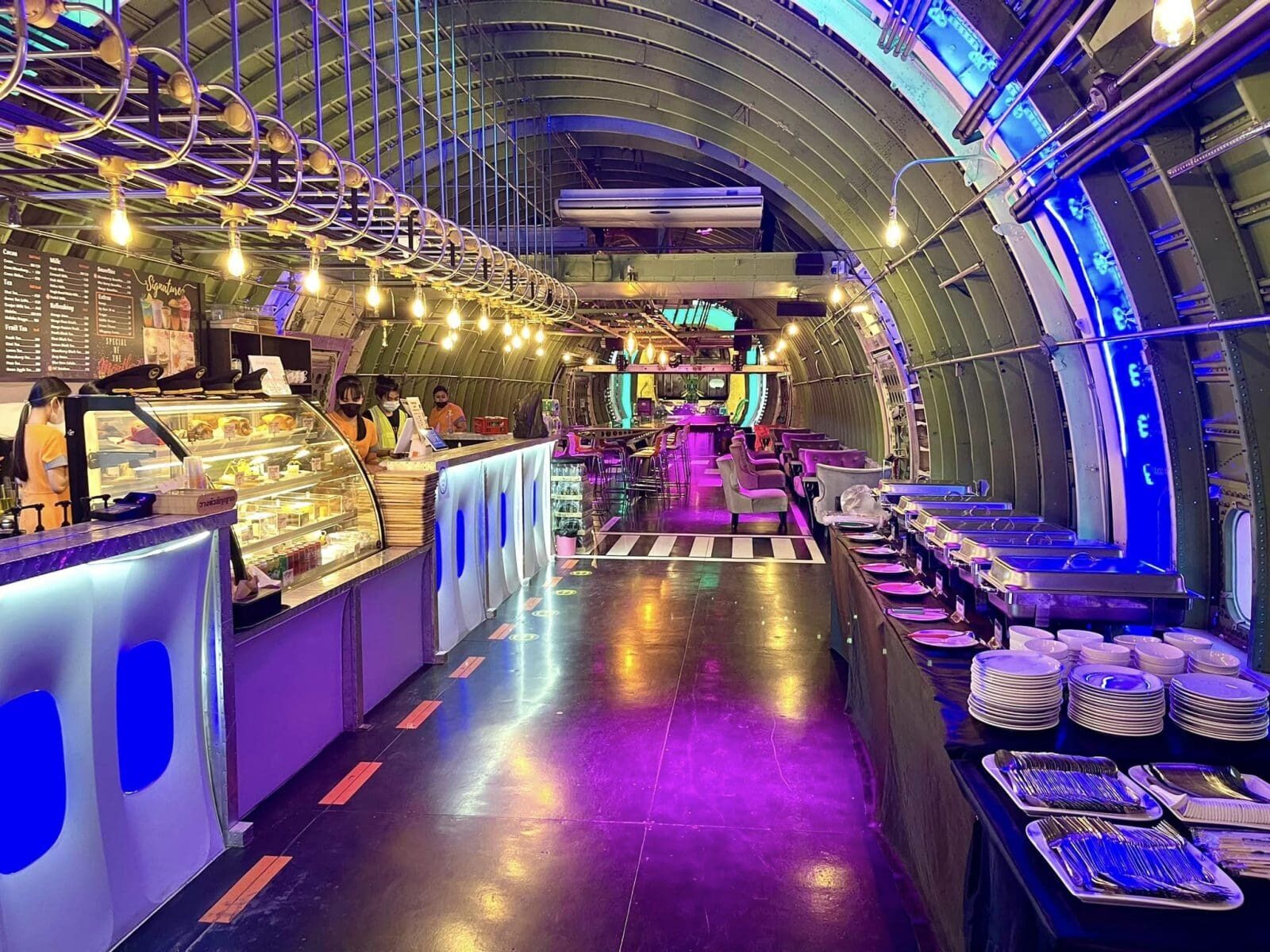 The aeroplane-themed interior of the 747 Cafe in Bangkok