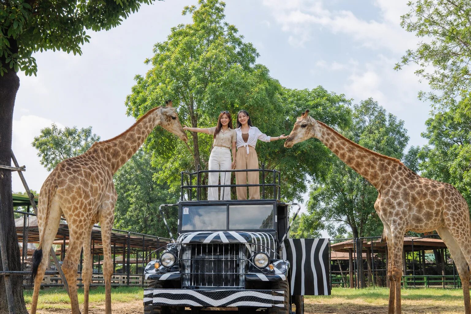 Two travellers on a jeep at Sriayuthaya Lion Park posing with giraffes (AI-generated image)