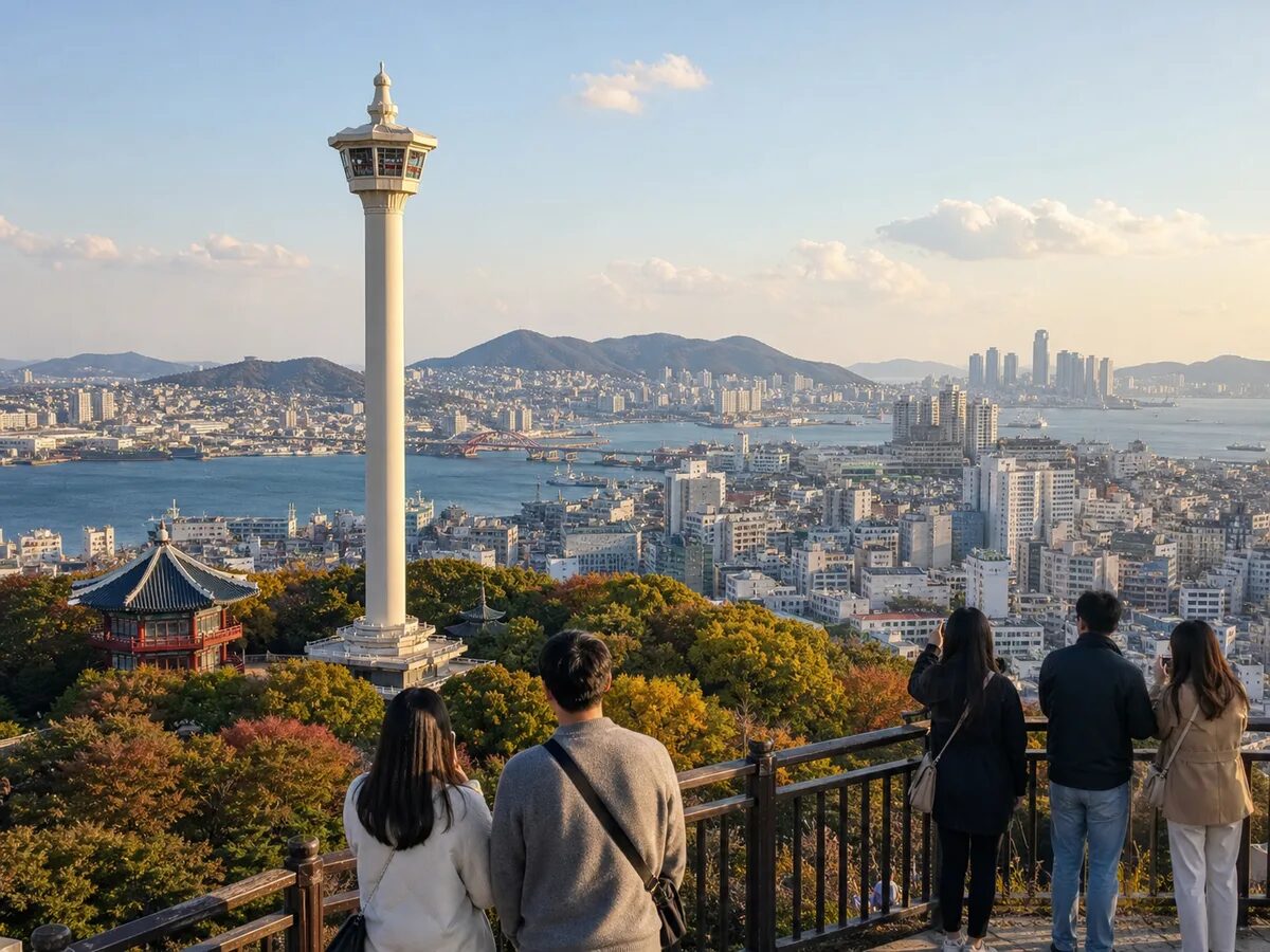 Busan Tower in Yongdusan Park with the city and harbour beyond