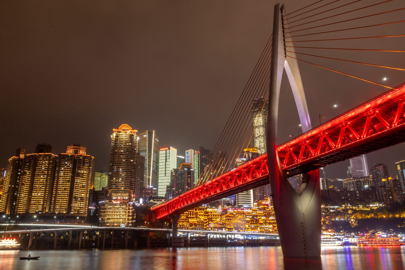 Hongyadong and the red cable-stayed bridge in the Chongqing night