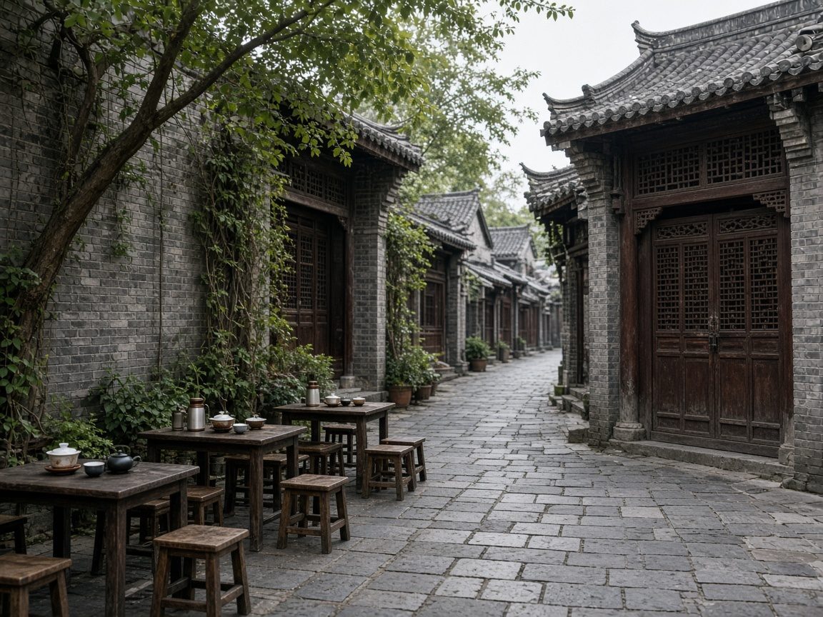 Grey-brick narrow lane with tea tables, evoking Kuanzhai Alley