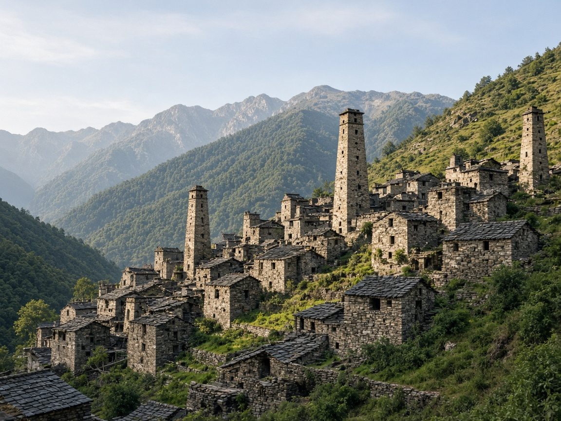 Cluster of stone watchtowers on a hillside, evoking a Qiang village in western Sichuan