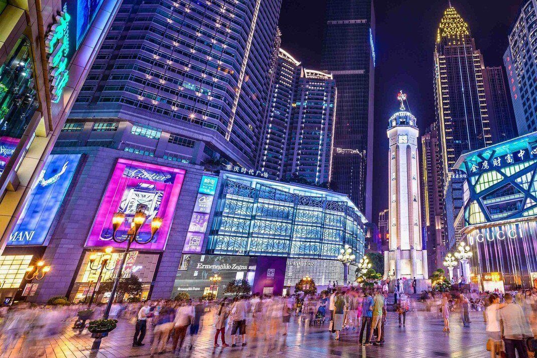 Jiefangbei clock tower and the shopping plaza at night in Chongqing