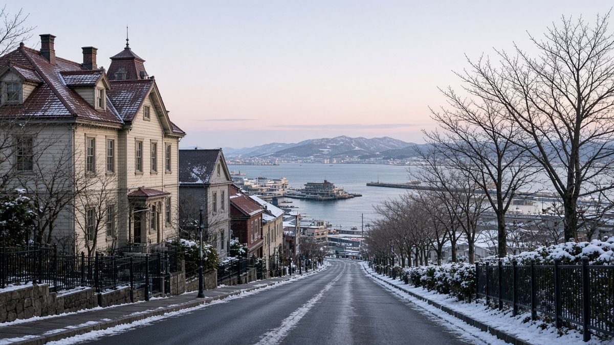Hachiman-zaka slope and harbour view in Motomachi, Hakodate