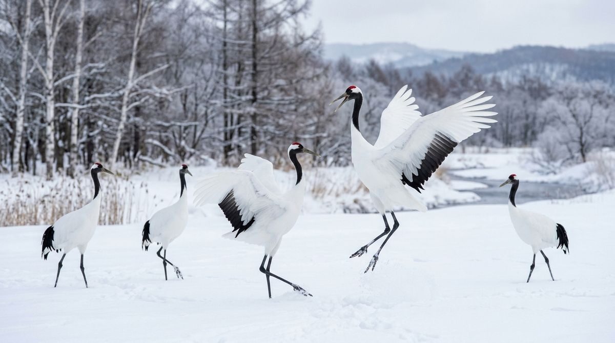 Red-crowned cranes dancing on the snow in Kushiro