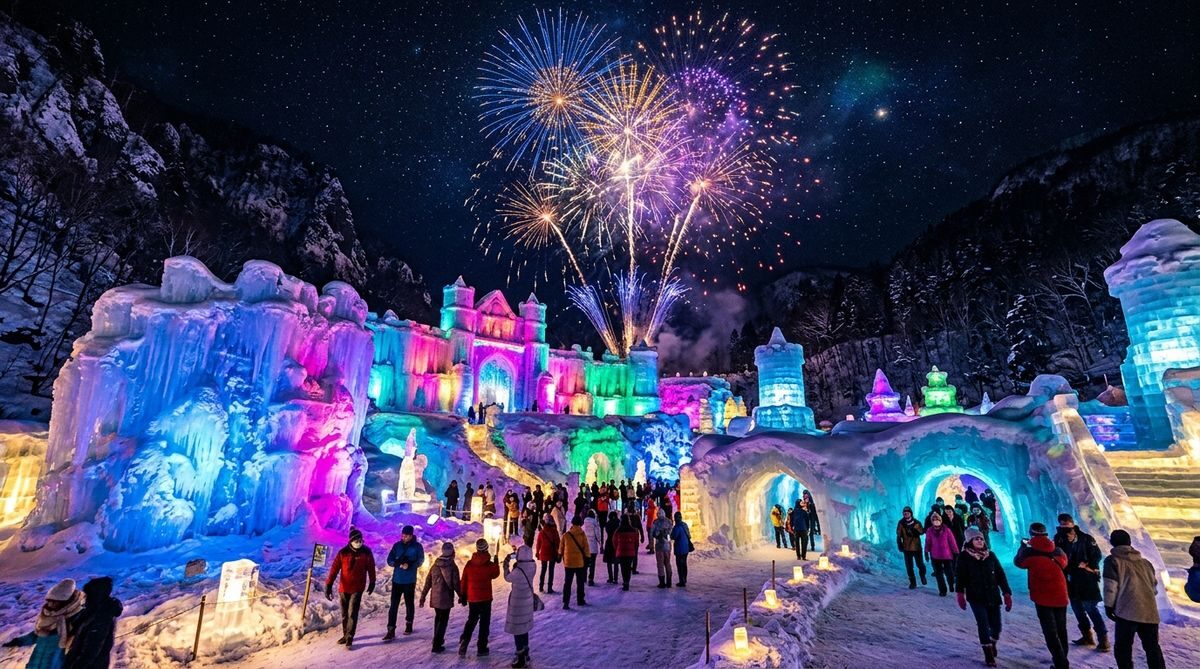 Giant rainbow-lit ice castle at the Sounkyo Ice Waterfall Festival