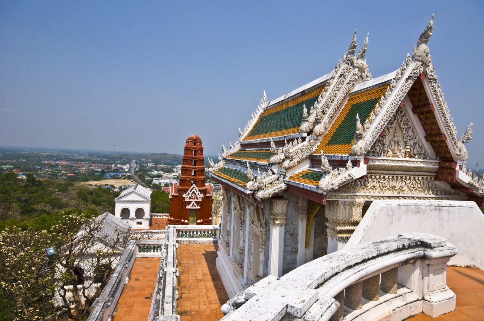 The hilltop temple buildings of Phra Nakhon Khiri (Khao Wang) and the view over Phetchaburi