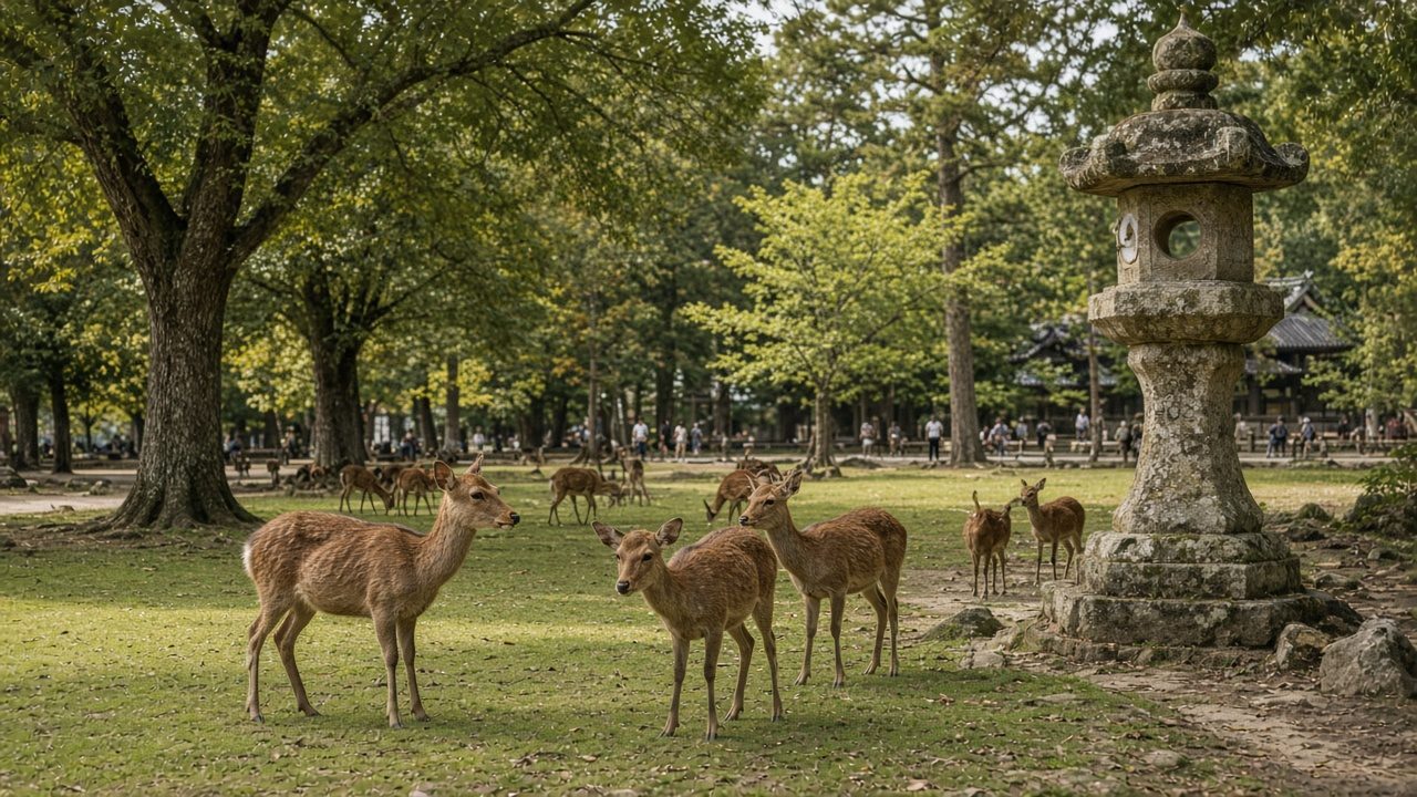 Deer in Nara Park with Todai-ji Temple
