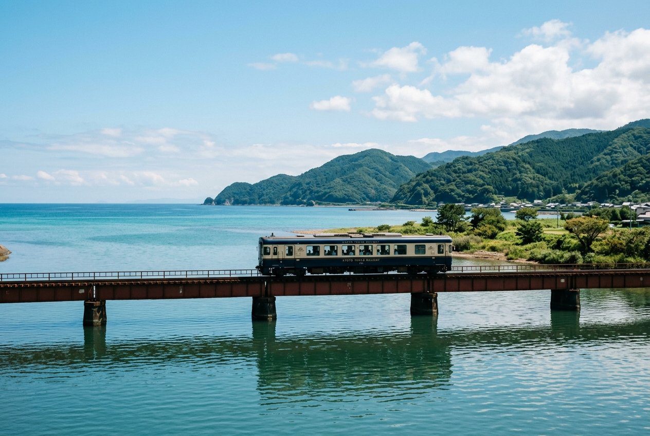 Kyoto Tango Railway train crossing the Yura River Bridge above the sea