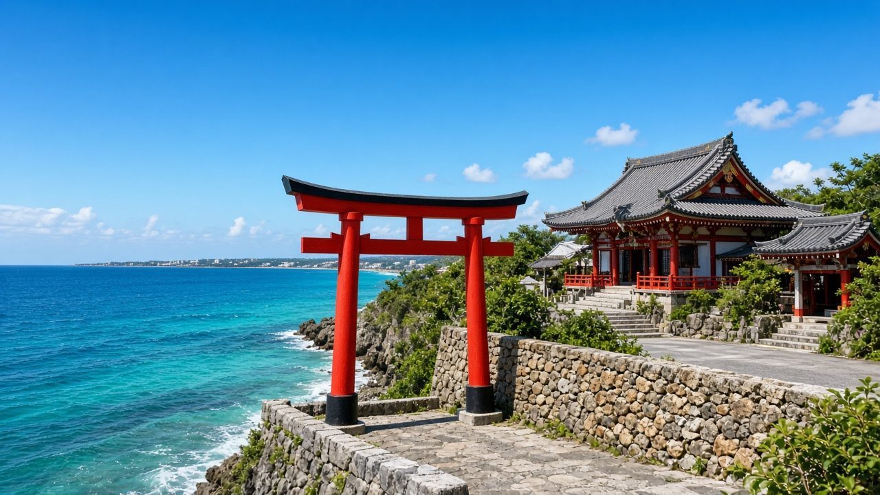 Red torii gate and seaside cliff at Naminoue Shrine, Naha