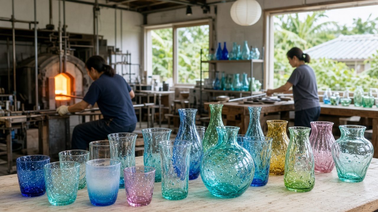 Workshop and glassware at Ryukyu Glass Village