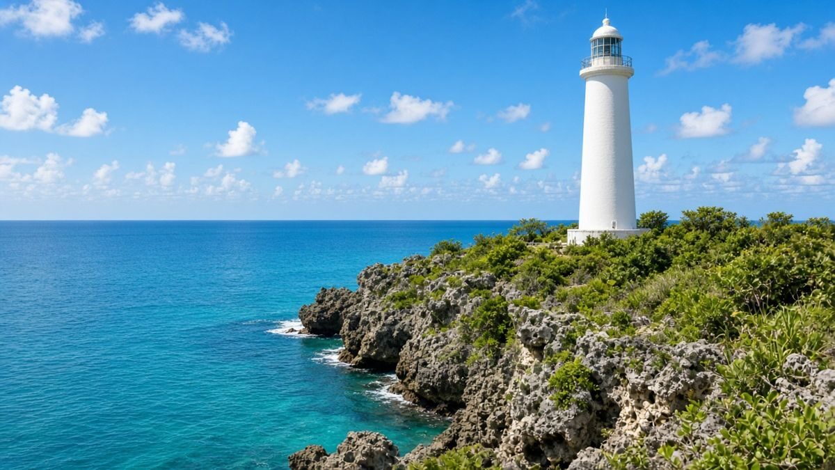 White lighthouse and coastal cliffs at Cape Zanpa, Yomitan, Okinawa