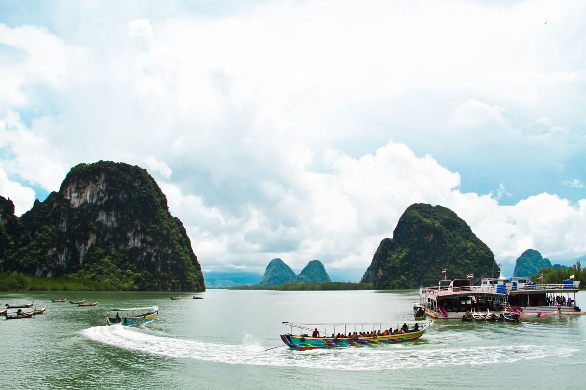 Limestone karsts rising from the sea in Phang Nga Bay