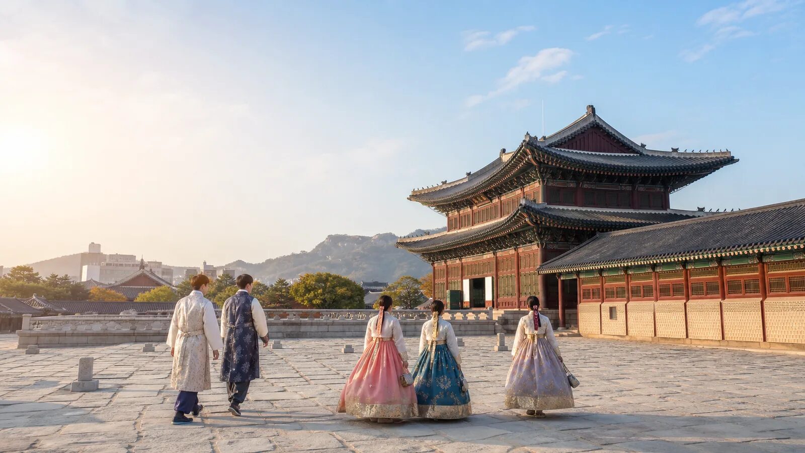 Hanbok experience at Gyeongbokgung Palace on a private charter day tour of Seoul's traditional cultural districts