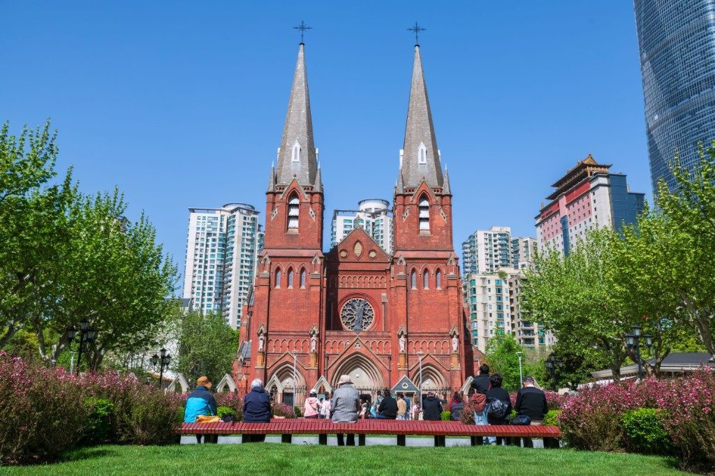 Twin spires and red-brick facade of St Ignatius Cathedral, Xujiahui, Shanghai