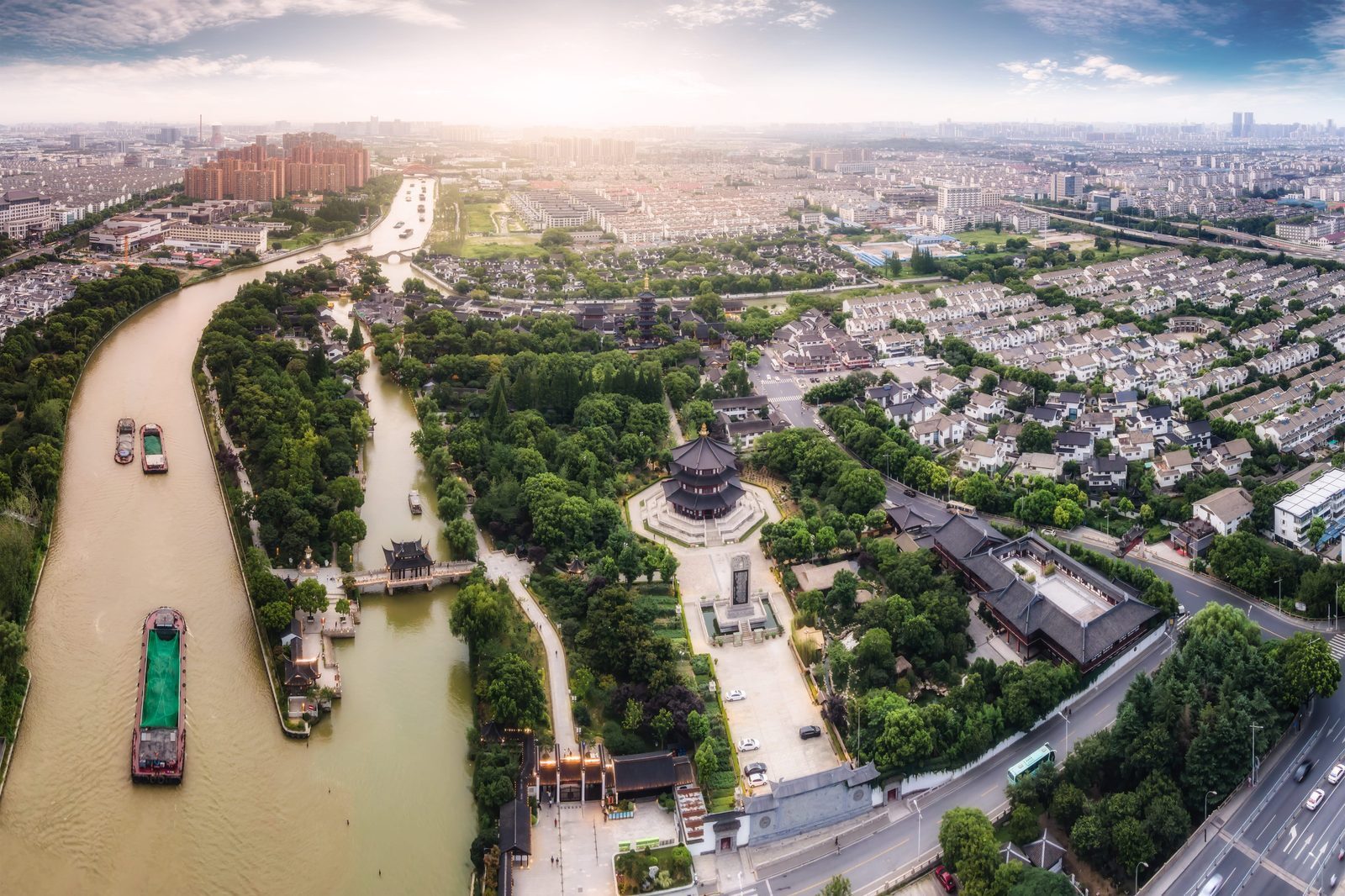 Aerial view of the pavilions of Hanshan Temple, Suzhou, and the Grand Canal