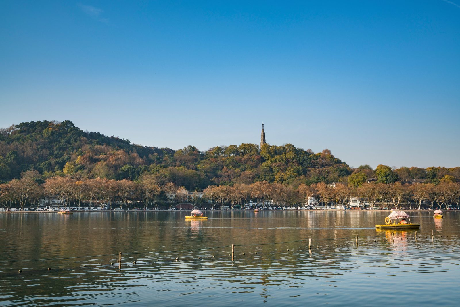The calm surface of West Lake, Hangzhou, with sightseeing boats and Baochu Pagoda among the trees of Beishan