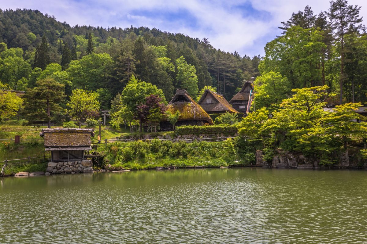 Hida gassho-zukuri farmhouse beside a pond in fresh spring green