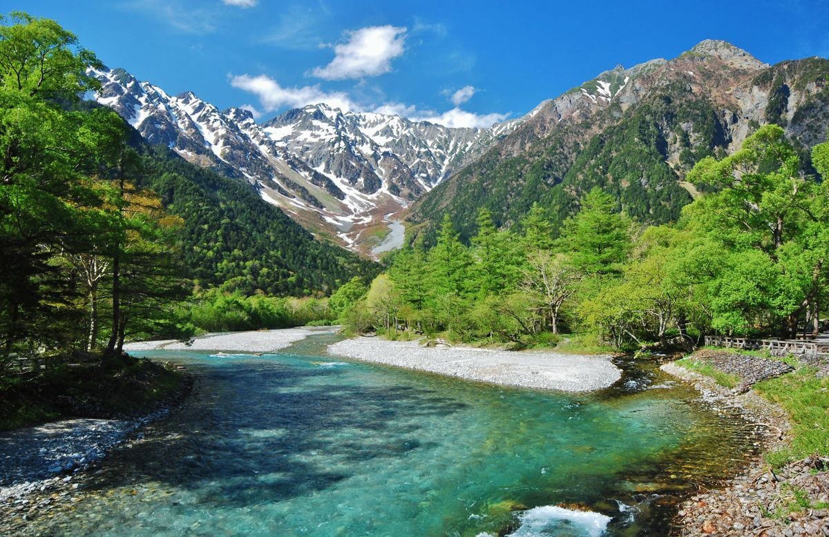 Clear waters of the Azusa River at Kamikochi with the Hotaka mountain range