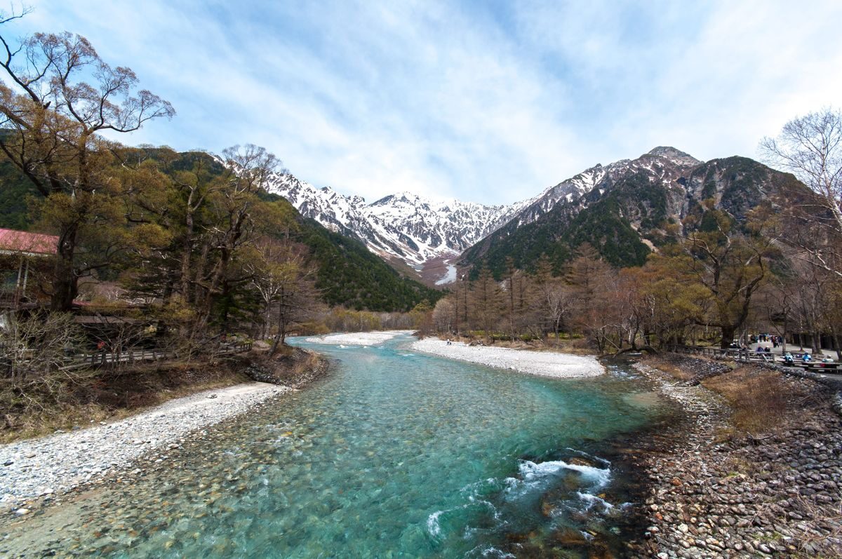 Azusa River at Kamikochi with the snow-streaked Hotaka mountain range in spring