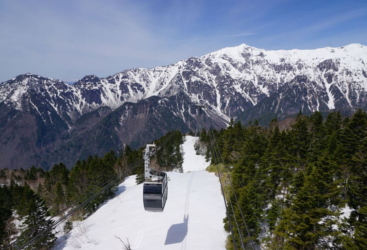 Shinhotaka Ropeway with snow-covered Northern Japan Alps views