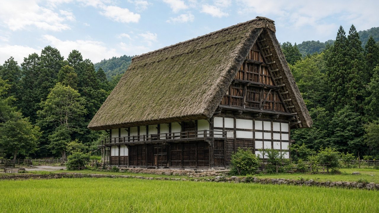 Gassho-zukuri farmhouses and fresh green fields at Shirakawa-go
