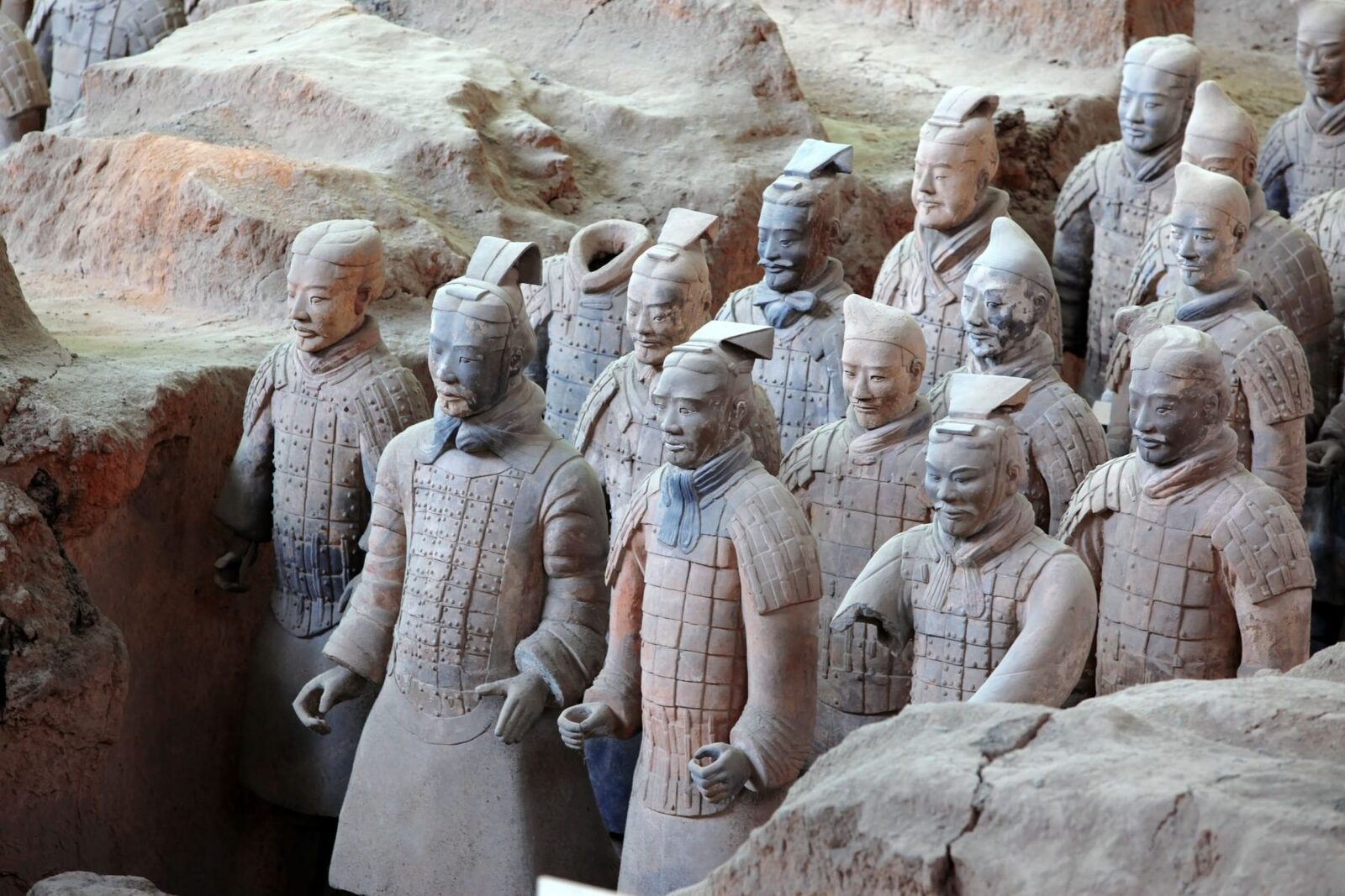 Rows of terracotta warriors at the Terracotta Army Museum, Xi'an