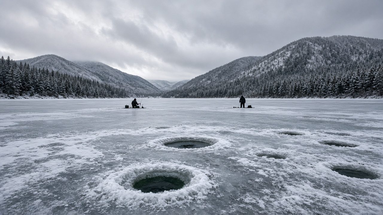 Ice fishing on the frozen surface of Lake Hibara