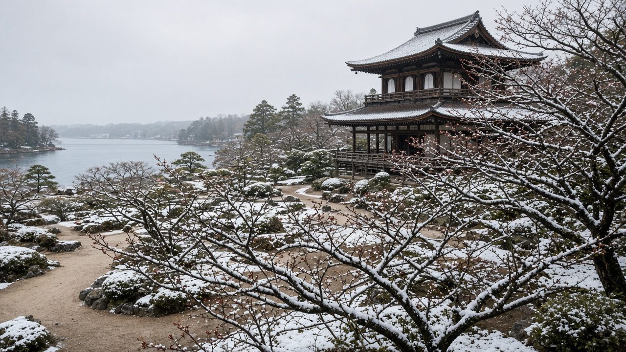 Kairakuen Garden in winter, plum groves and traditional pavilion, Mito