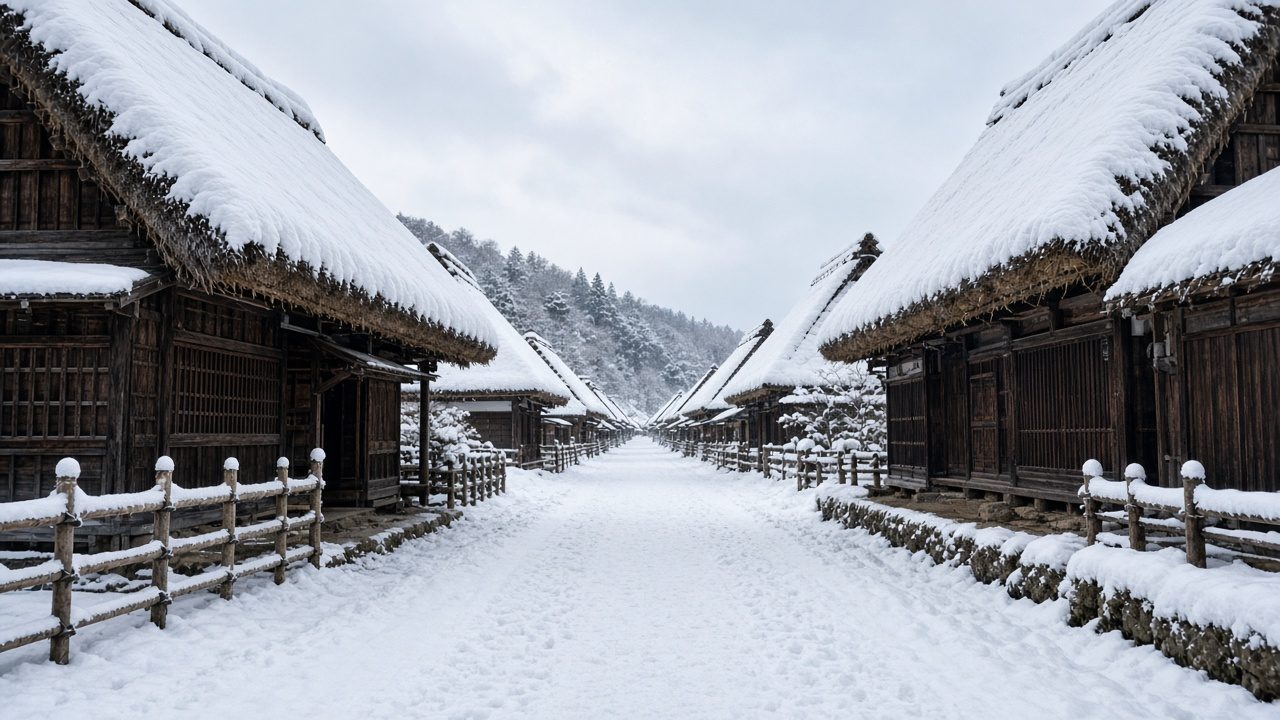 Thatched village of Ouchi-juku under snow, Fukushima