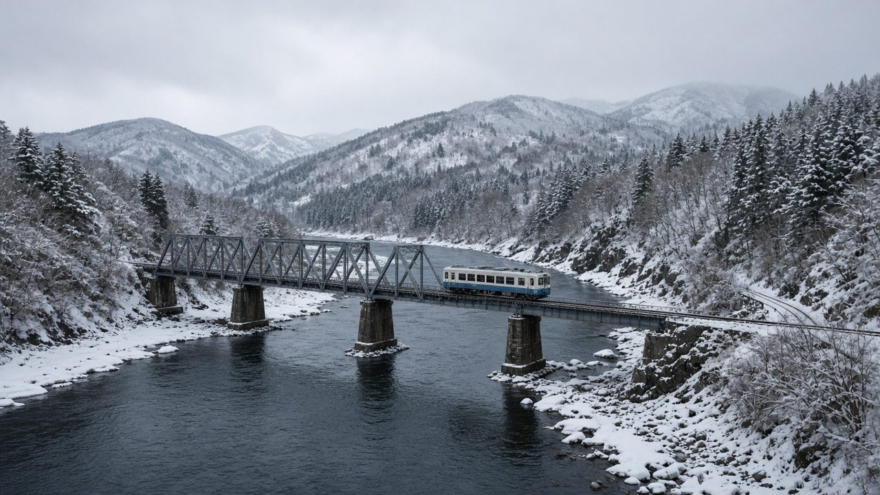 JR Tadami Line train crossing the iron bridge in winter
